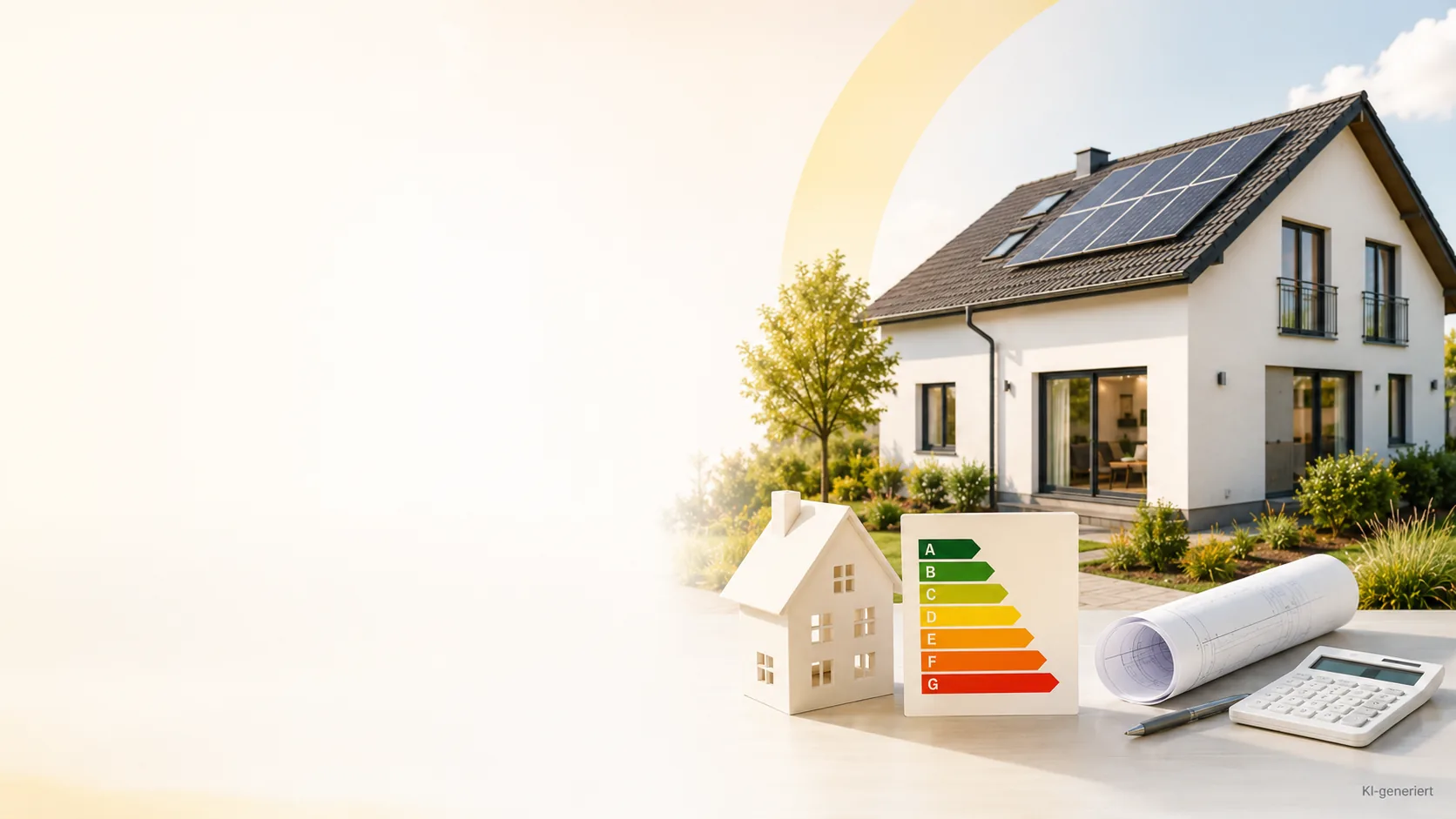 Energieausweis mit Effizienzklassen, Hausmodell und Bauplan als Grundlage für Sanierungsfahrplan und Förderung
